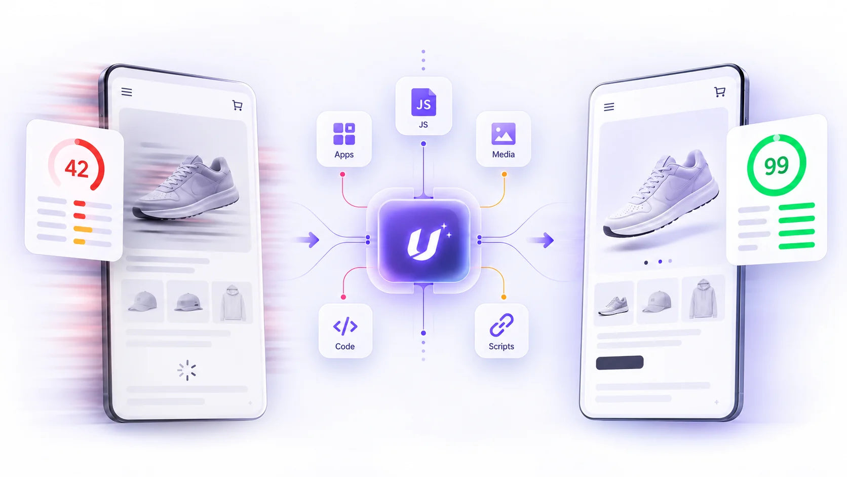 Illustrated Shopify storefront before and after performance review