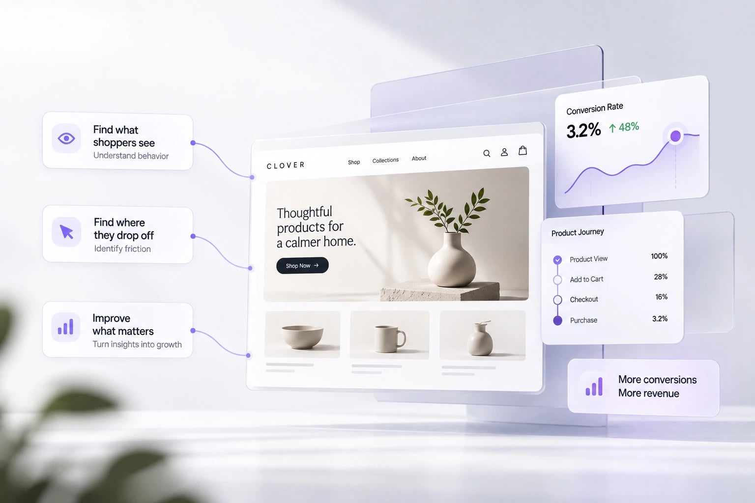 CRO storefront diagnostic illustration showing shopper behavior, customer journey and conversion analysis