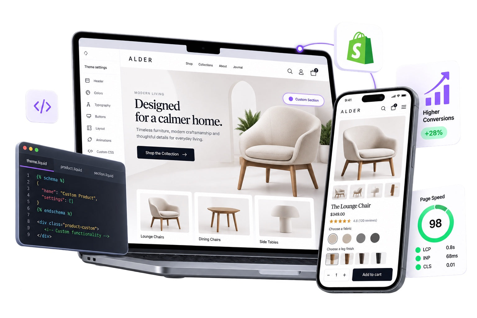 Shopify development concept showing a customized storefront, theme code, responsive product experience and Shopify tools.