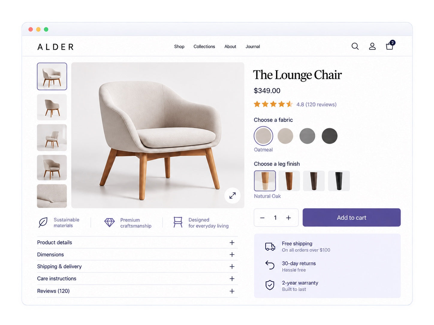 Furniture product page with product media, fabric choices, leg finishes, details and purchase controls.
